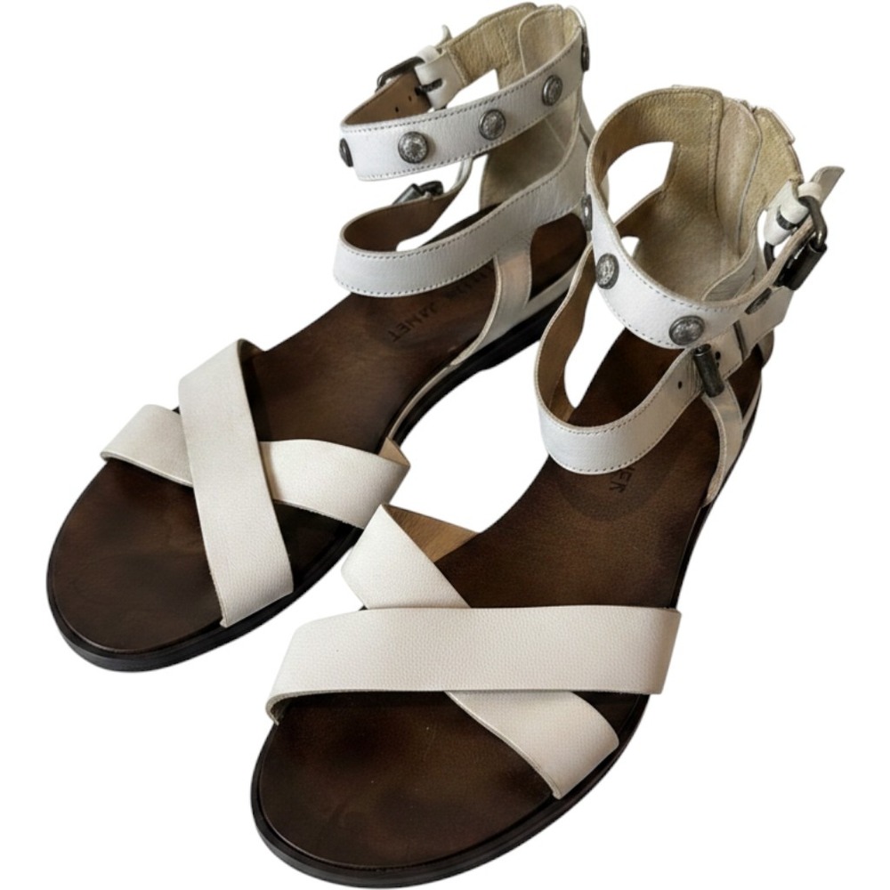 Janet‎ & Janet Leather Gladiator Sandals Womens 38 8 White Studded Strappy Flat